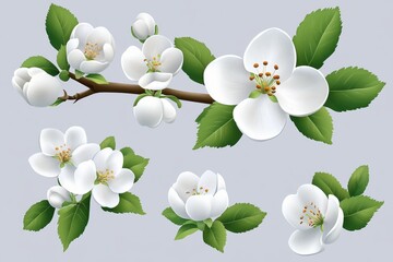 Wall Mural - Watercolor white apple blossom flowers with green leaves, vector illustration, isolated on the background
