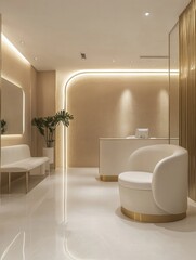 Poster - Modern reception area with elegant design and soothing ambiance in a wellness center at dawn. Generative AI