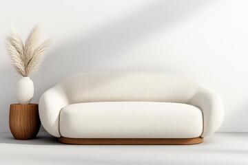 Aufkleber - White sofa and side table against a light gray wall with white trim, interior design of a modern living room mockup. Soft beige color palette. Minimalist home decor. White pampas grass in a