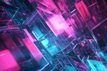 A high-tech 3D abstract background featuring an array of transparent, holographic pyramids, illuminated by glowing cyan and magenta light. The reflections and futuristic geometry create a cybernetic