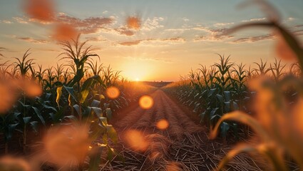 Wall Mural - golden sunset over a cornfield with vibrant colors illuminating the landscape
