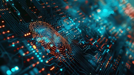 Wall Mural - a glowing digital fingerprint on a circuit board.