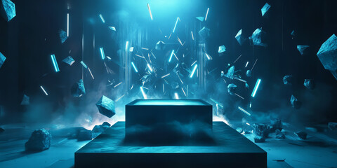 Wall Mural - a dynamic 3d background featuring a podium surrounded by floating geometric shards emitting soft neo