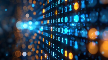 Wall Mural - a digital background of binary code with blue and orange glowing lights.