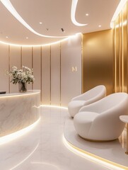 Poster - Elegant interior design of luxurious reception area with modern furnishings and soft lighting in spacious environment. Generative AI