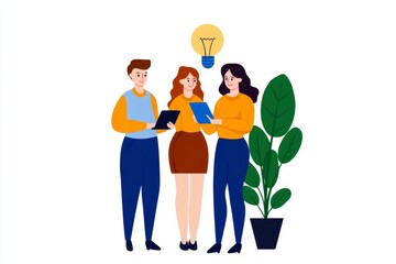 a 2d cartoon illustration of a group of developers working on a new app, collaborative and tech-focu