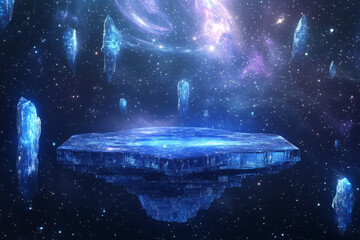 Wall Mural - a celestial 3d background with a podium made of glowing crystalline material, floating among the sta