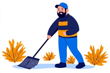 Wall Mural - a 2D cartoon illustration of a man raking leaves in the yard, tidy and active, white background