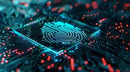 Wall Mural - a glowing fingerprint icon on a circuit board with red and blue lights.