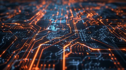 Wall Mural - a close-up of a circuit board with glowing orange and blue lines.