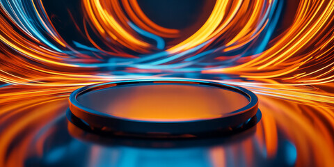 Wall Mural - a high-energy 3d background with a circular, mirrored podium surrounded by swirling light trails in 