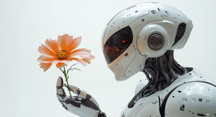 Poster - A humanoid robot gently holds a vibrant flower, representing the connection between technology and nature, promoting themes of peace and harmony in humanity.