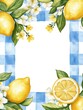 © Elena - Fresh lemon themed border design with floral accents and blue checkered background for summer events. Generative AI