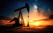 © Oranuch - A silhouetted oil pump against a stunning sunset sky filled with stars, highlighting the intersection of nature and industrial activity.