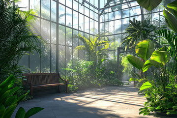 Wall Mural - a botanical greenhouse-style 3d background room with large glass walls, lush tropical plants, and so
