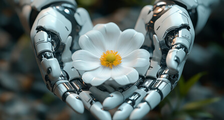 Poster - A humanoid robot gently cradles a white flower with a yellow center, symbolizing harmony and connection with nature. The background features soft greenery.