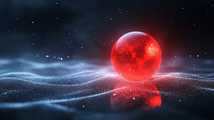Wall Mural - a glowing red sphere resting on a reflective particle surface