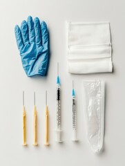 Poster - Medical supplies arranged on a surface including syringes, gloves, and bandages for a healthcare setting. Generative AI