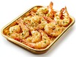 © Jay - A golden square tray filled with shrimp, scampi, or prawns fried in butter and topped with garlic, isolated on a white background, Generative AI