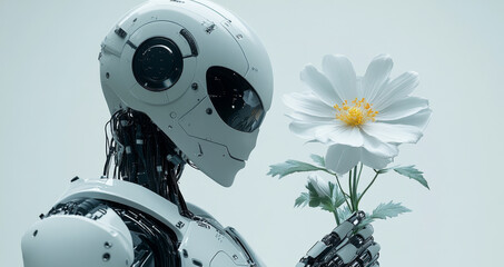 Poster - A humanoid robot gently cradles a white flower, illustrating a serene connection between artificial intelligence and nature, reflecting peace and beauty.