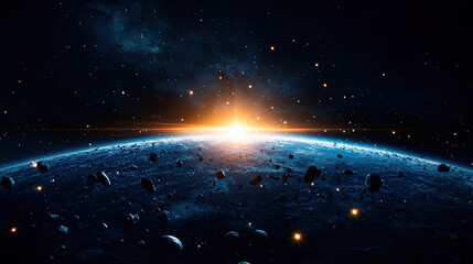 Wall Mural - a breathtaking view of earth from space, showcasing a glowing sunrise amidst a backdrop of stars and