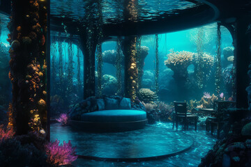 Wall Mural - A deep-sea-inspired 3D background room, submerged in an underwater environment with bioluminescent coral formations glowing softly. The transparent walls provide a full view of the mesmerizing marine