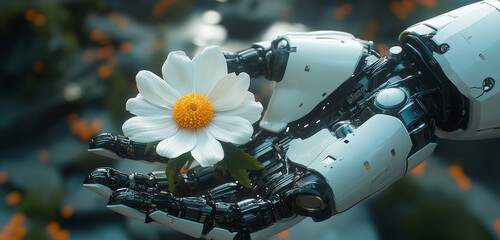 Poster - A humanoid robot delicately holds a white flower, representing humanity's connection to nature and the pursuit of peace in a futuristic setting.