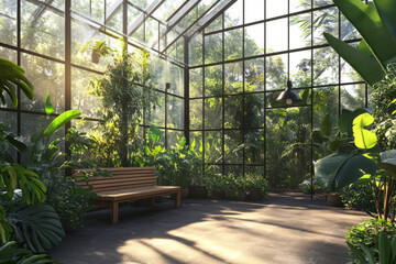 Wall Mural - a botanical greenhouse-style 3d background room with large glass walls, lush tropical plants, and so