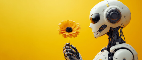 Poster - A humanoid robot delicately holds a bright yellow flower, embodying harmony between technology and nature against a warm background.
