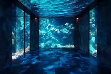 Wall Mural - A deep-sea-inspired 3D background room, submerged in an underwater environment with bioluminescent coral formations glowing softly. The transparent walls provide a full view of the mesmerizing marine