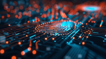 Wall Mural - a digital rendering of a fingerprint on a glowing circuit board.