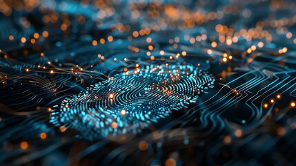 Wall Mural - a digital fingerprint on a circuit board with glowing lines and lights.