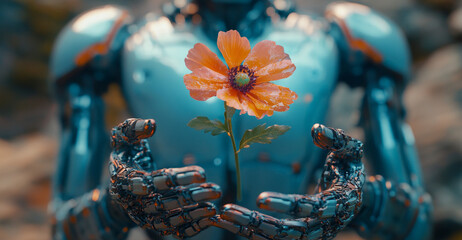 Poster - A humanoid robot gently cradles a delicate flower in its metallic hands, representing a connection between technology and nature, embodying peace and harmony.