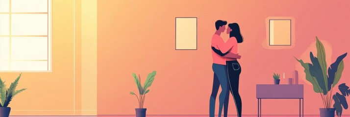 Aufkleber - Couple embracing in a cozy, modern room with plants and soft lighting in the background. Generative AI