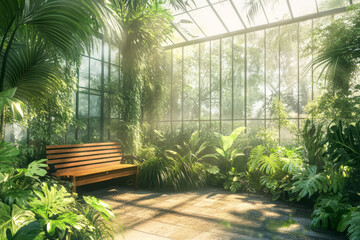 Wall Mural - a botanical greenhouse-style 3d background room with large glass walls, lush tropical plants, and so