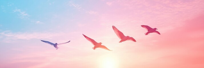 Aufkleber - Birds flying against a vibrant sunset sky with hues of pink and blue in a serene atmosphere. Generative AI