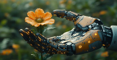 Poster - A humanoid robot gently reaches out with its armored hand towards a vibrant orange flower, symbolizing harmony between technology and nature in a peaceful garden.