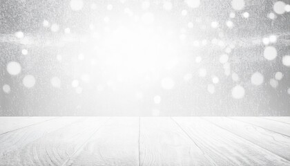 Aufkleber - white wooden floor with snowfall and blurred frosty background, winter holiday backdrop for product display or seasonal design


