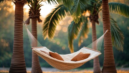 Wall Mural - cozy hammock strung between palm trees at sunset in a tropical paradise setting
