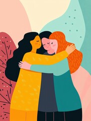 Poster - Three friends embrace each other joyfully in a colorful, abstract setting with smooth shapes and warm colors. Generative AI
