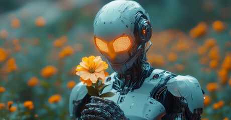 Poster - A humanoid robot admires a flower in a colorful field, embodying peace and harmony with nature on a calm afternoon. Bright blooms surround the metallic figure.