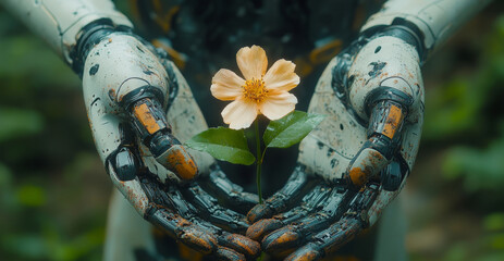 Poster - A humanoid robot gently cradles a blooming flower in its hands, representing peace and the connection between humanity and nature.