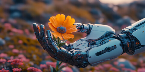 Poster - In a tranquil meadow, a humanoid robot gently grasps a bright orange flower, symbolizing harmony between technology and nature.