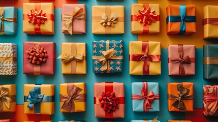 Wall Mural - a collection of wrapped gifts with colorful ribbons and bows.