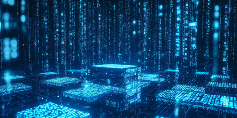 A digital data-themed 3D background featuring a podium constructed from glowing blue pixels. The surrounding space is filled with streams of binary code, holographic charts, and futuristic interface
