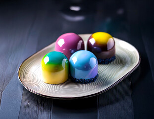 Wall Mural - Bright mousse cakes with mirror glaze on the showcase. Smooth surface, perfect shapes and exquisite decor create the effect of luxury. The concept of modern desserts and confectionery art.