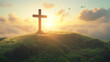 © Rottchoo - A wooden cross standing on a green hill at sunrise, with golden light shining through the clouds.