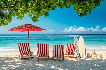 Wall Mural - A beach scene with four red and white striped chair, an umbrella, a surfboard leaning against the chairs in front of them, and a small sandcastle on the shore. The background is a clear blue sky