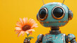© Prostock-studio - A cheerful humanoid robot, displaying a metallic finish, gently holds a vibrant flower against a warm yellow background, embodying themes of peace and connection.
