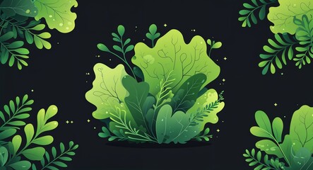 green organic textures abstract cartoon on plain dark black background illustration